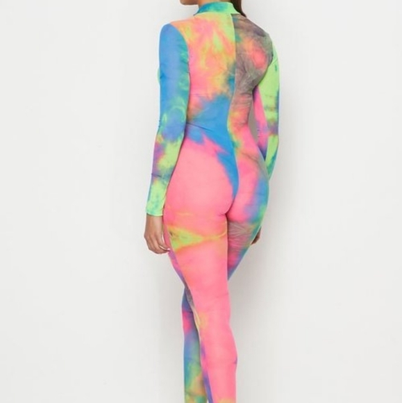 Long Sleeve Multi Neon Color Tie Dye Mesh Jumpsuit - Picture 7 of 8